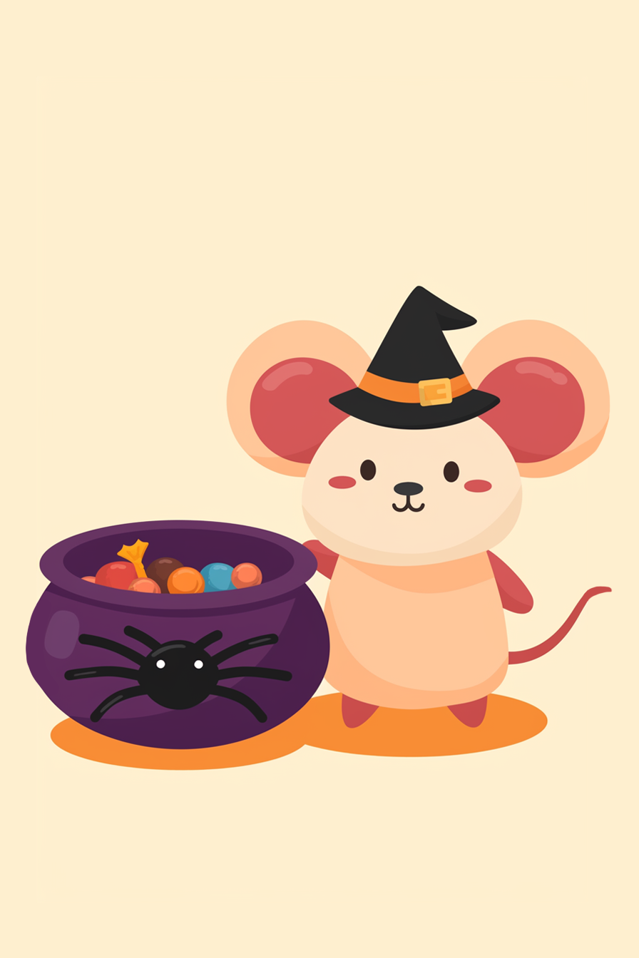 halloween cute animals drawings 2, featuring a mouse with a witch hat beside a cauldron with a spider and candies.